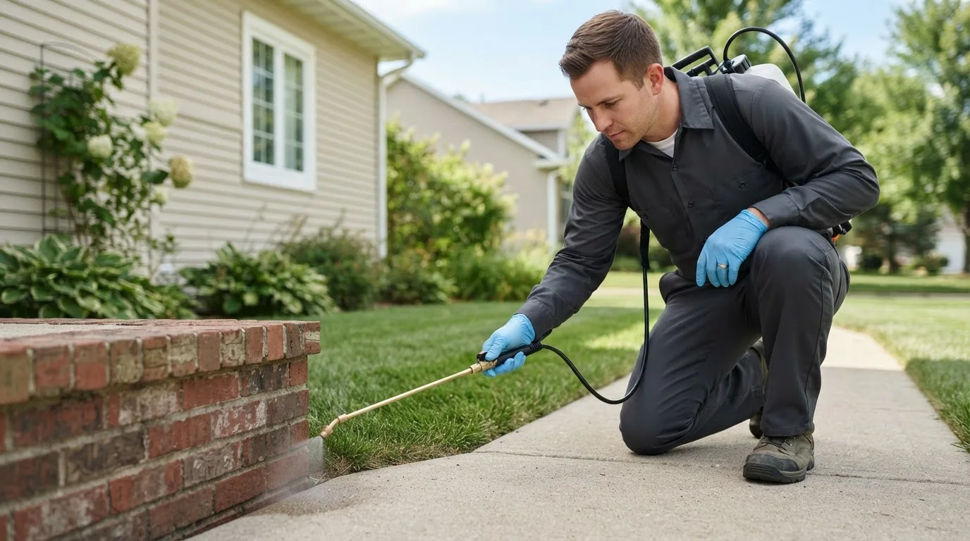 Pest control technician treating a home near Leslie, MI